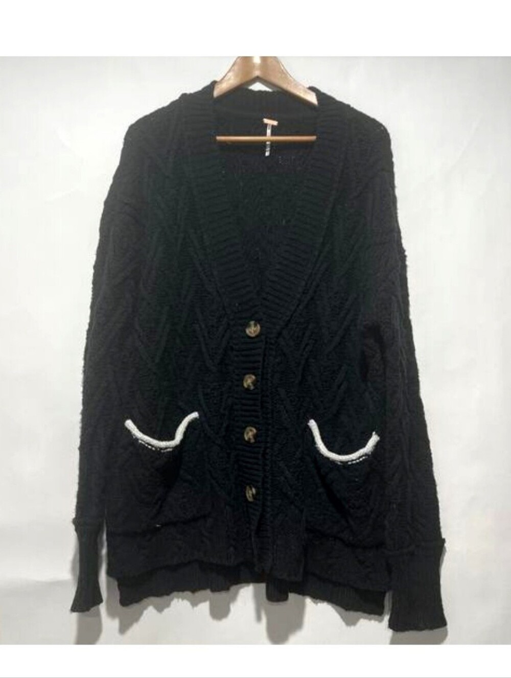 Oversized Free People Montana Cable Knit Cardigan Sweater Black Eclectic Grandpa